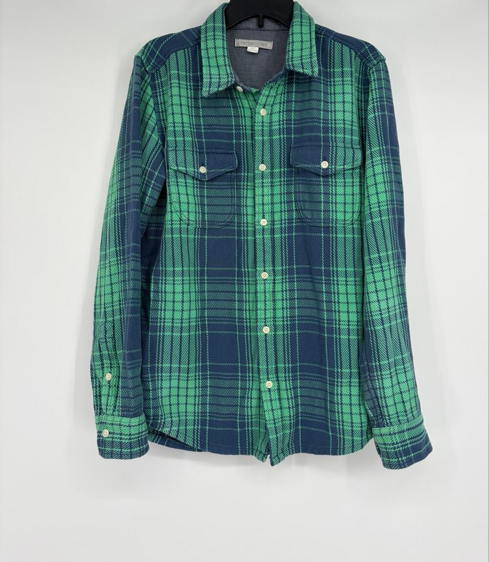 Outerknown Blanket Shirt Blue Green Plaid Flannel Organic Cotton